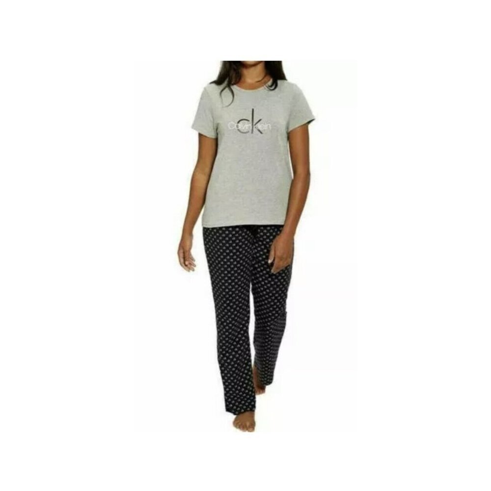 Calvin Klein Sleepwear Women 2 Piece Pajama Set Cotton CK Logo Gray Sz S